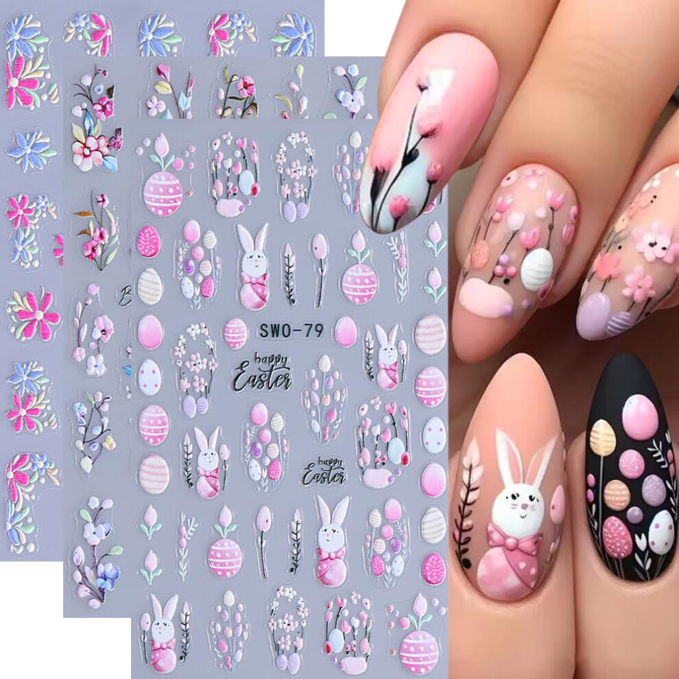 Qdsuh Pink Easter Nail Stickers For Nail Art 5D Embossed Flower Nail Decals 5D Cute Rabbit Bunny Egg Flower Spring Floral Nail Art Supplies For Women Girl