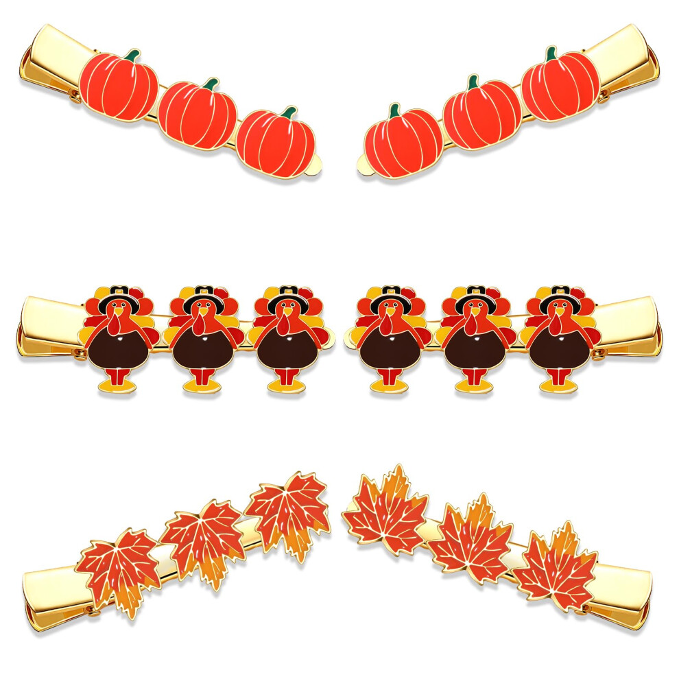 Hzeyn 6 Pack Thanksgiving Hair Clip Fall Pumpkin Maple Leaf Turkey Hair Clips For Women Autumn Fall Hair Barrette Accessory Holiday Gifts