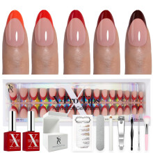 SXC Cosmetics Unhas Postiças French Tip - Série Vermelha, Curto Almond, Kit Iniciante | 160PCS, 16 Tamanhos, 5 Estilos