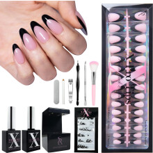 SXC Cosmetics Unhas Postiças French Tip - Série Preta, Amêndoa Média, Kit Iniciante | 150PCS, 15 Tamanhos, 5 Estilos