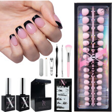 SXC Cosmetics French Tip Press On Nails - Black Series Extra Short Square X-Pro Tips Starter Kit | 150 STK 15 St?rrelser 5 Styles Begyndervenlig