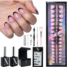 SXC Cosmetics Unhas Postiças French Tip - Série Preta, Almôndega Extra Curta, Kit Iniciante | 160PCS, 16 Tamanhos, 5 Estilos