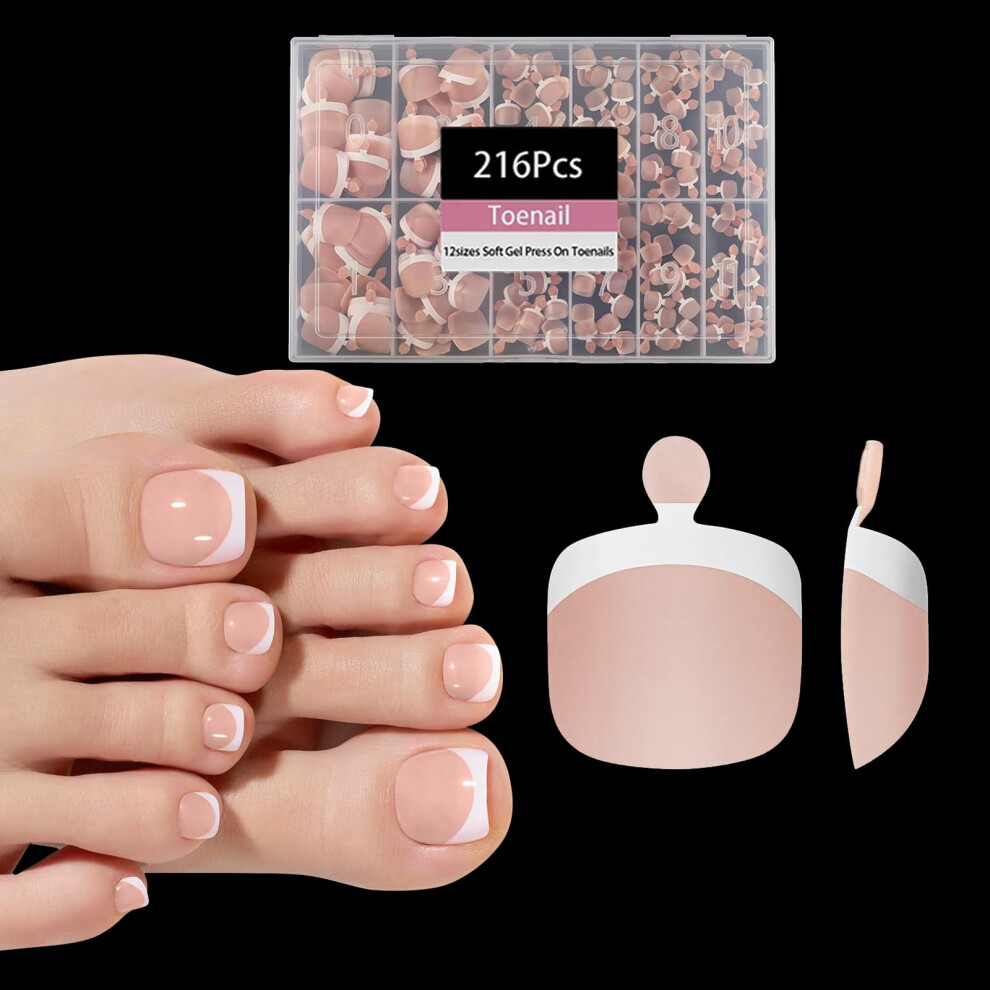 Opkssnails 216Pcs French Tip Press On Toenails Short Square Skin Toe Nail Press On Pre-Designed Soft Gel Toe Nail Tips Soak Off Acrylic Fake Toe Na