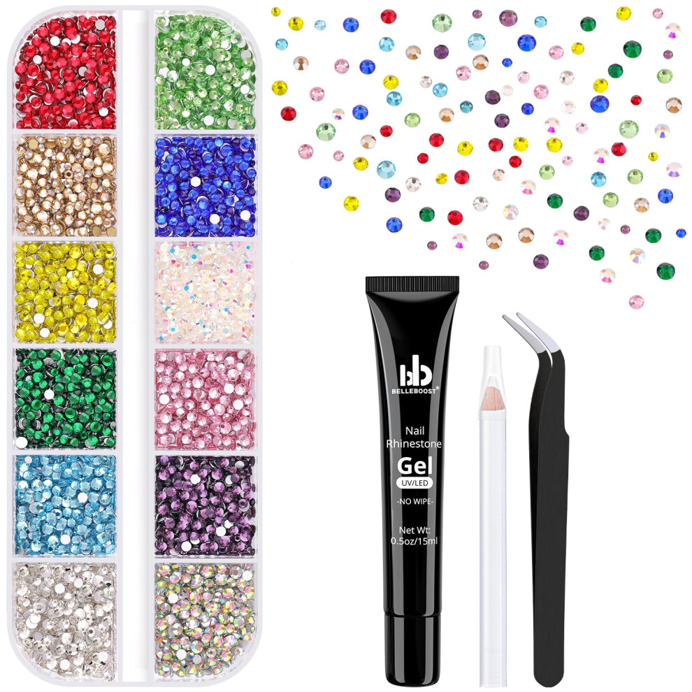 Belleboost 4200Pcs Small Glass Crystal Rhinestones For Nail Art With 15Ml Nails Rhinestone Glue Colorful Ss3-Ss10 Flatback Bedazzling Gems Nail Rhinestones An