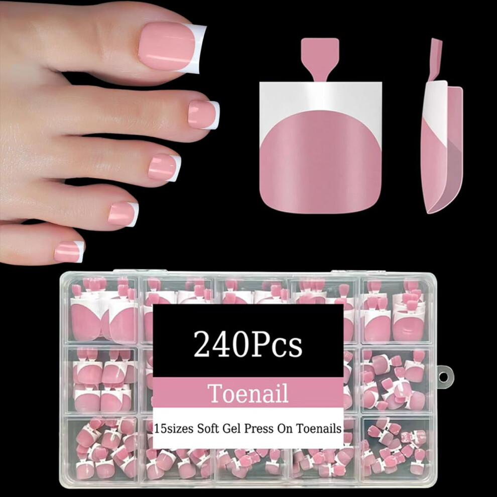 Dsixnails Pink 240Pcs Toe Press On Nails Short Press On Toenails For Women In 15Sizes Square French Tip Press On Toenails Soft Gel Toe Nail Tips