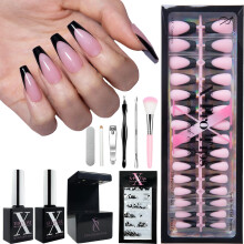 SXC Cosmetics Unhas Postiças French Tip - Série Preta, Medium Coffin, Kit Iniciante | 150PCS, 15 Tamanhos