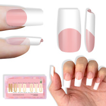 NOVO OVO Old School Wide Witte Franse Punt Nageltips Press On, Medium Lengte, Baby Roze