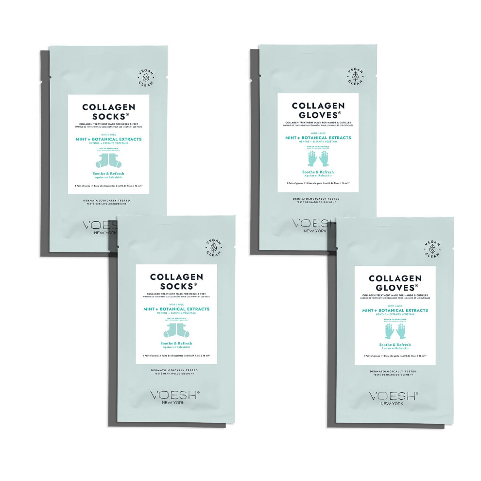 Voesh Collagen Gloves And Socks- Peppermint Oil Collagen Infused 4 Pack 2 Pack Of Gloves 2 Pack Of Socks At Home Spa Body Care Nourishing K-B