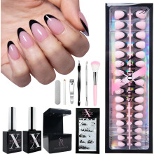 SXC Cosmetics French Tip Press On Nails - Black Series Short Almond X-Pro Tips Starter Kit | 160KS 16 velikost 5 stylu Vhodn pro zactecnky