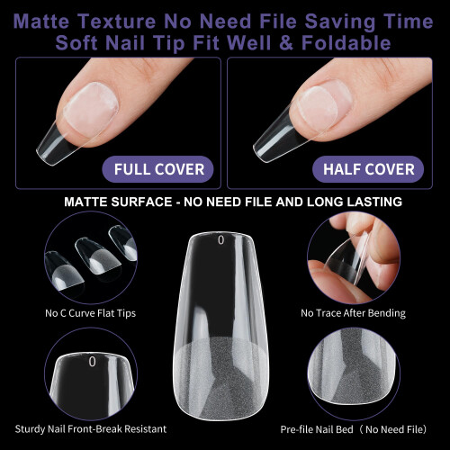 Half Matte Medium Coffin Nageltips, Soft Gel Voorgevormde Nageltips, 600PCS 2