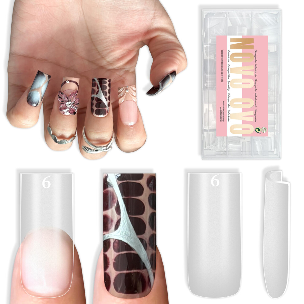 Novo Ovo Sharp Square Medium Nail Tips Press On Natural (Not Sculpted) No C Curve Soft Gel Double Matte Clear Fake Nail Extension Full Cover False Na