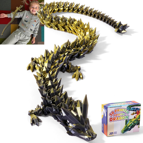 TXB3DOK Dragão Articulado 3D de 24 Polegadas - Gigante, Longo e Extra Grande para Decoração e Presentes (Preto e Ouro, 24 polegadas)