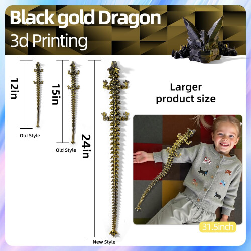 TXB3DOK Dragão Articulado 3D de 24 Polegadas - Gigante, Longo e Extra Grande para Decoração e Presentes (Preto e Ouro, 24 polegadas) 2