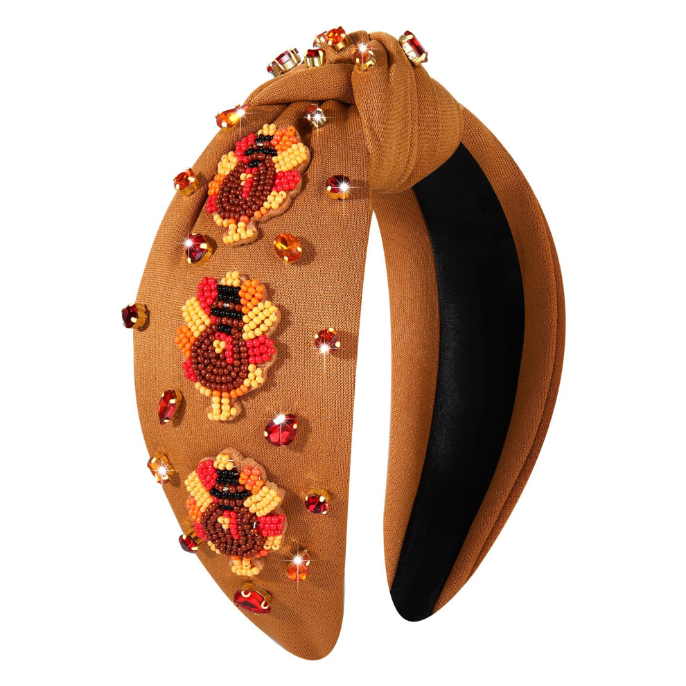 Boderier Unisex Thanksgiving Headband Beaded Turkey Crystal Jeweled Embellished Knotted Headband For Women Fall Holiday Hairband Hair Accessories (Beaded Tu