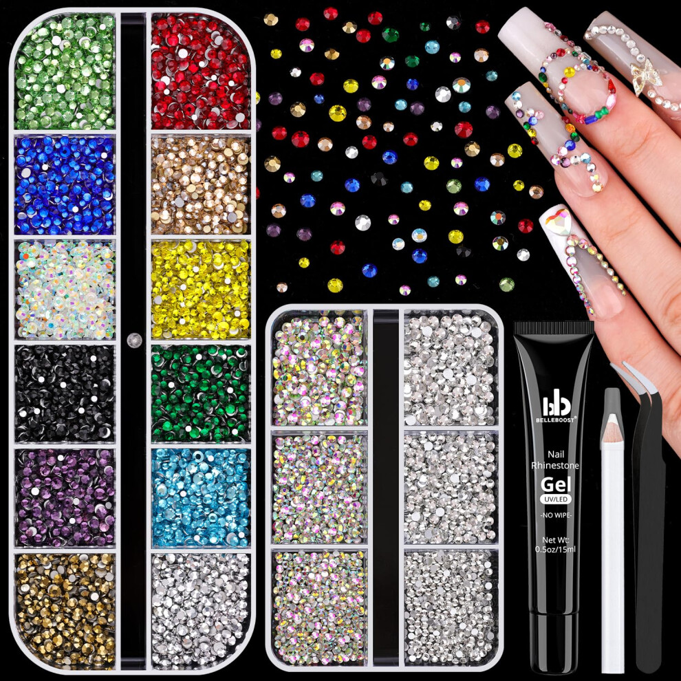 Belleboost 5400Pcs Glass Crystal Small Rhinestones For Nail Art With Nails Rhinestone Glue Ab Clear Multicolors Flatback Bedazzling Gems Nail Rhinestones And