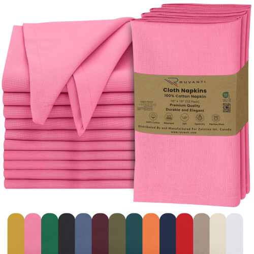 Conjunto de 12 Guardanapos Ruvanti, 18x18 polegadas, 100% Algodão, Laváveis, Macios e Absorventes - Rosa