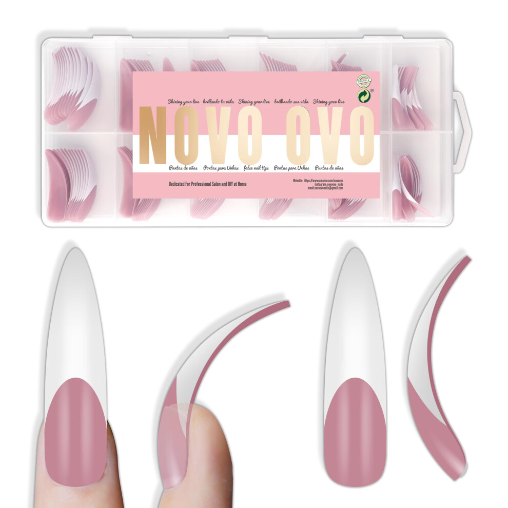 Novo Ovo Pink Halloween Xxl Curved Stiletto Almond French Tip Nail Tips Press On, Berry Full Cover Extra Thick Long Xl Acrylic Hawk Curve Fake Extensi