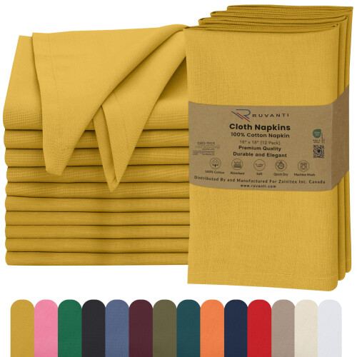 Conjunto de 12 Guardanapos de Tecido Ruvanti, 18x18 Polegadas, 100% Algodão, Lavável, Macio e Absorvente