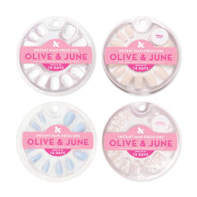 Olive & June Cola Press On Bestsellers Kit | Inclui 4 Conjuntos de Unhas Falsas (Branco HD, Francês Clássico, Super Estrela Brilhante, Azul Gelo BP)