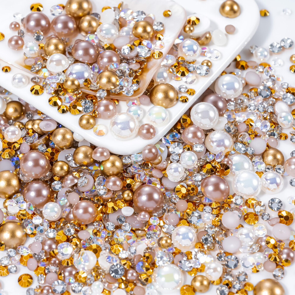 Myyko Gold 60G Champagne Flatback Rhinestones Half Pearls For Crafting Mixed Size 3Mm-10Mm Resin Rhinestones For Bedazzling Small Pearls For Diy Tumblers