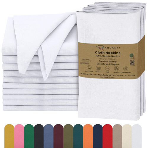 Conjunto de 12 Guardanapos de Tecido Ruvanti, 18x18 Polegadas, 100% Algodão, Laváveis, Macios e Absorventes - Brancos