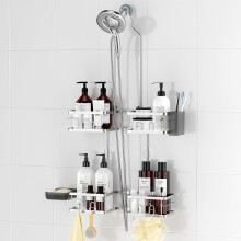 REINHARDT Verstelbare douchewagen, hangend, roestvrij douchewagen, voor handdouche, doucheorganizer met haken, zeephouder, anti-swing doucherek, badk