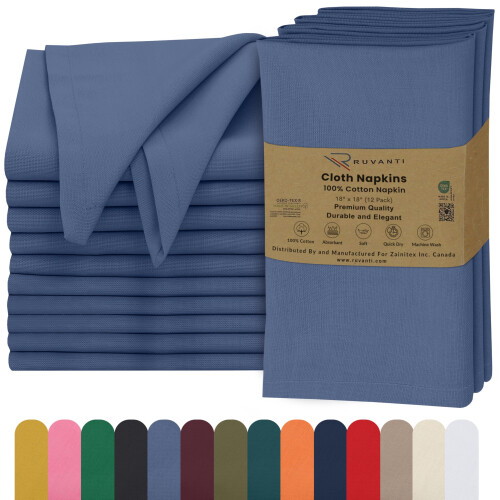 Conjunto de 12 Guardanapos de Tecido Ruvanti, 18x18 Polegadas, 100% Algodão, Laváveis, Macios e Absorventes