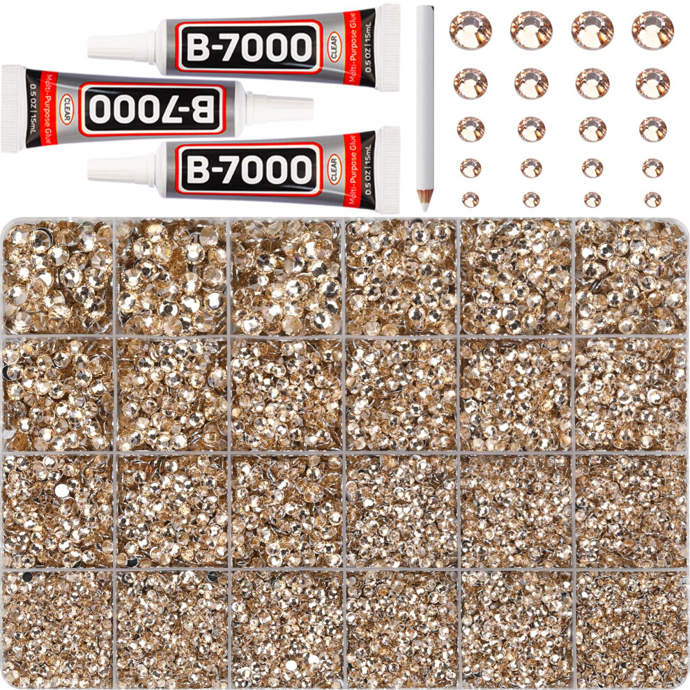 Worthofbest Gold 32000Pcs Champagne Rhinestones For Bedazzling Resin 2 3 4 5 6Mm Mix Sizes Flatback Bedazzle Tan Gems Diamonds Gemstones Jewels Stones Crystals W