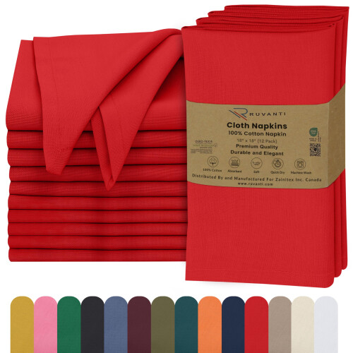 Conjunto de 12 Guardanapos de Tecido Ruvanti, 18x18 Polegadas, 100% Algodão, Laváveis, Macios e Absorventes