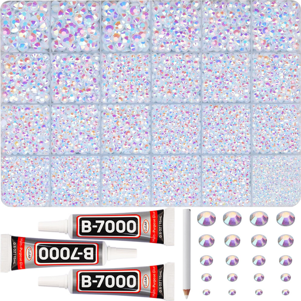 Worthofbest White 31000Pcs Ab Resin Rhinestones For Bedazzling Assorted Sizes 2-6Mm Ab Flatback Bedazzle Gems Bedazzling Kit With B7000 Glue For Crafts C