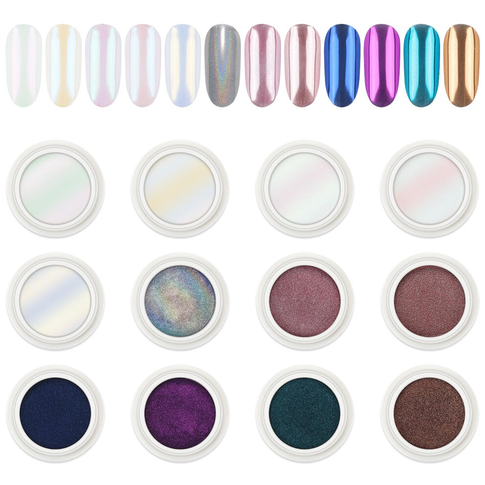 Aimeili Pearl Nail Powder Vegan Cruelty Free 12 Colors Chrome Aurora Metallic Holographic Mirror Effect Nail Art Pigment Iridescent Shell Glitter