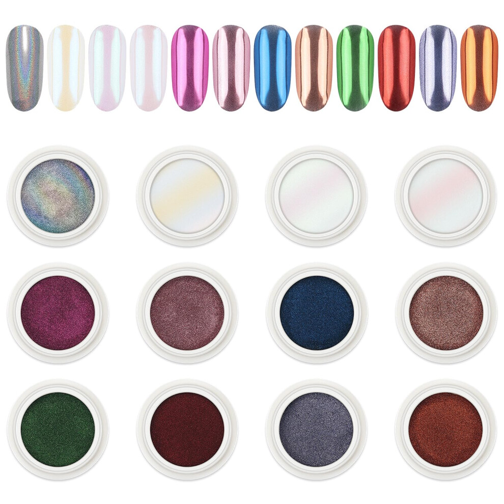 Aimeili Pearl Chrome Nail Powder Vegan Cruelty Free 12 Colors Aurora Metallic Holographic Mirror Effect Nail Art Pigment Iridescent Shell Glitter