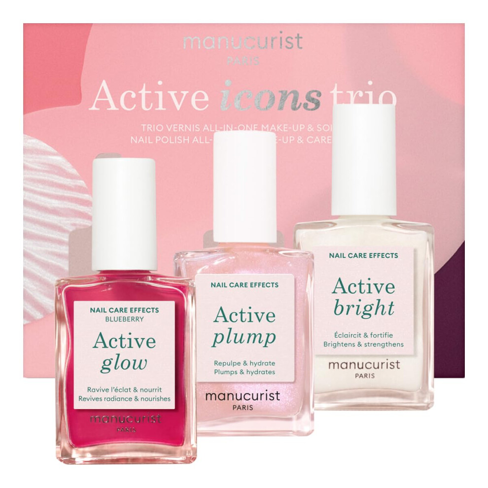 Manucurist Active Icons Trio Christmas Gift Set - Active Glow Blueberry Active Shine Active Plump Nail Polishes - Nail Strengthener - Brightening T