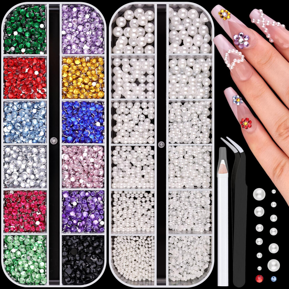 Belleboost White 8000Pcs Nail Pearls And Colorful Rhinestones For Nail Art Pearl Nail Charms(Flatback+Round) Nail Gems And Rhinestones Crystals Charms Bedazzl