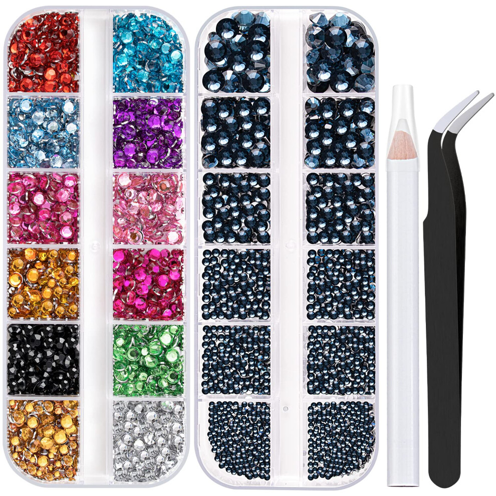 Belleboost Two Packs Of Flatback Rhinestones 4520 Pcs Colorful Nail Art Rhinestones Flatback Crystal Colorful+Navy Blue Rhinestone With Picker Pencil And Tweeze