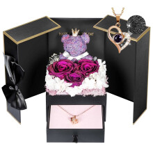 ADDWel Regali di Rose per Donne - Rose vere conservate per sempre Fiori viola con Collana Ti amo in 100 lingue e Simpatico Orsetto di muschio per