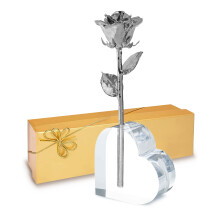 Forever Rose Vritable rose trempe dans du platine, fabrique la main dans un vase en forme de cur en acrylique et un coffret cadeau dor de