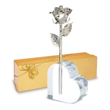 Forever Rose Vritable rose trempe dans de l'argent, fabrique la main dans un vase en forme de cur en acrylique et un coffret cadeau dor de