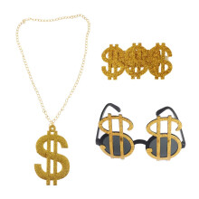 3 stk Golden Dollar Sign Pendant Halsk?de Briller Ring Herre Funny Pimp Gangster Rapper Fancy kostume rekvisit