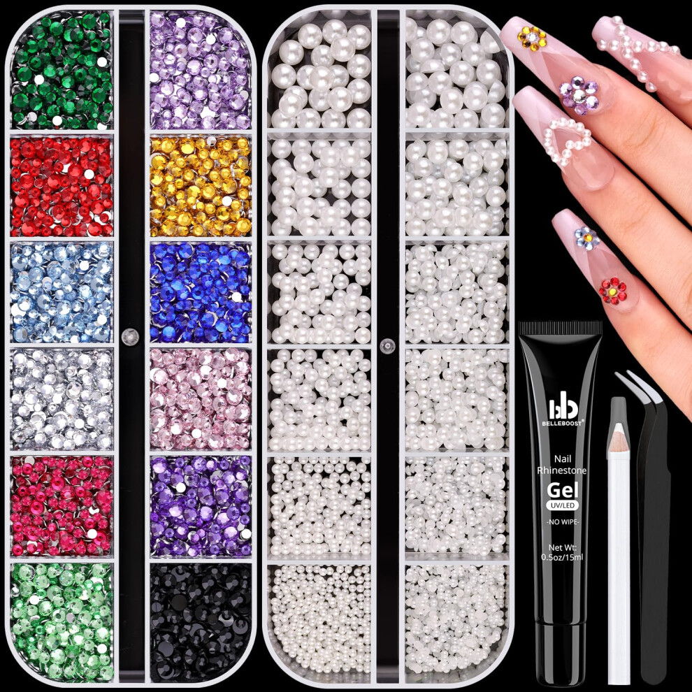 Belleboost White 8000Pcs Nail Pearls And Colorful Rhinestones For Nail Art With Rhinestone Glue Pearl Nail Charms(Flatback+Round) Nail Gems And Rhinestones Cr