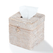 Rotan vierkante tissue box cover 5,7"" x 5,7"" x 5"""" decoratieve geweven gezichtsdoekjeshouder met scharnierend bovendeksel Whitewash