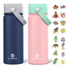 GoKEDA 18oz Kinder Wasserflasche, 2er Pack Isolierte Flaschen mit Aufklebern, 18/8 Edelstahl Vakuum Auslaufsicher Strohhalmbecher für Schule
