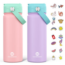 GoKEDA 18oz Kinder Wasserflasche, 2er Pack isolierte Flaschen mit Aufklebern, 18/8 Edelstahl vakuumdicht mit Strohhalm für Schule