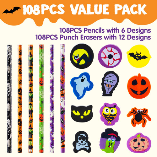 JOYIN 108PCS Crayons d'Halloween avec Gomme, Set de Papeterie Coloré 1