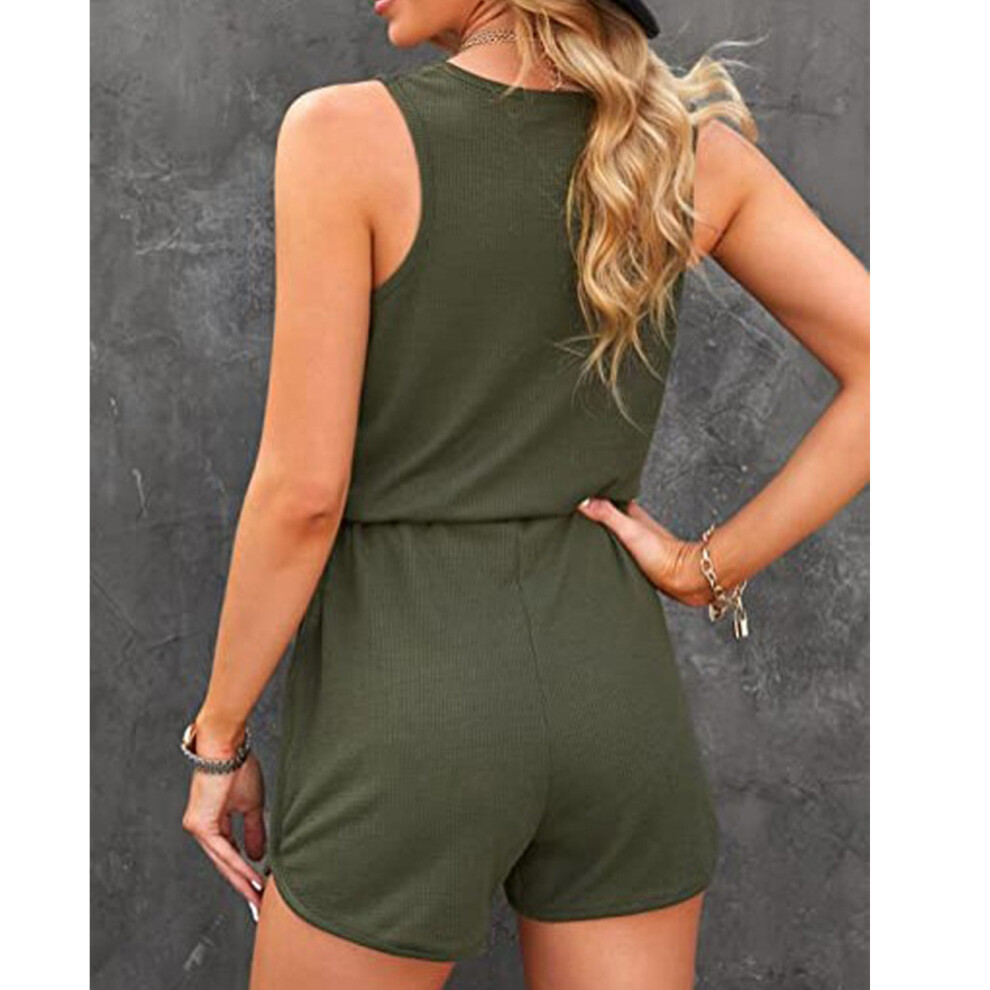 Summer Sleeveless Romper Women XL OD Green Casual Jumpsuit with Pockets-image-OPC-PMMJKJM-NEW