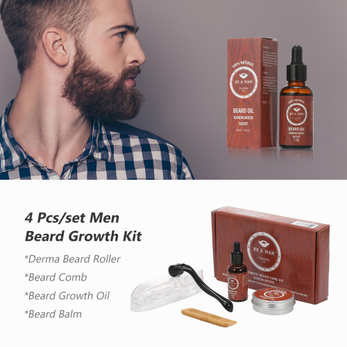 4Pcs Men Beard Growth Kit: Roller+Oil+Balm+Comb 2