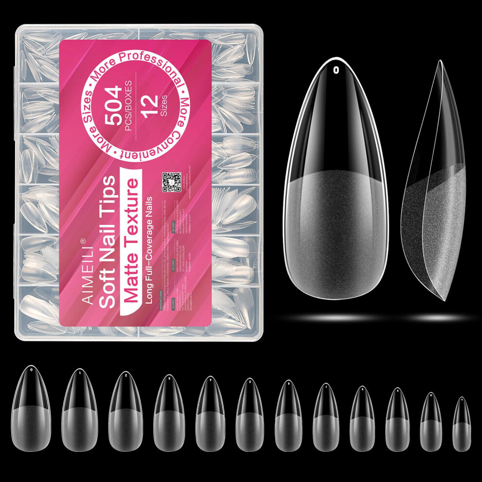 Aimeili Long Stiletto Acrylic Nail Tips Fake Nails Pre-Shape 504Pcs Round Soft Gel Nail Tips Press On Nails For Full Cover False Nails 12 Sizes