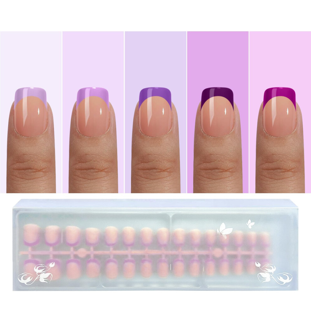 Opkssnails Purple French Tip Press On Nails 150Pcs French Press On Nails Extra Short Square Pre-Lasting Soft Gel Nails Soak Off Acrylic False Nail