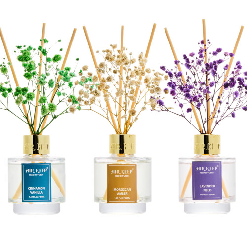 Airkeep Rietdiffuser Set van 3, Kaneel Vanille Lavendel Veld Marokkaanse Amber Olie Rietdiffusers
