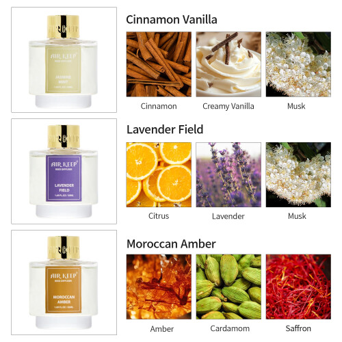 Airkeep Rietdiffuser Set van 3, Kaneel Vanille Lavendel Veld Marokkaanse Amber Olie Rietdiffusers 2